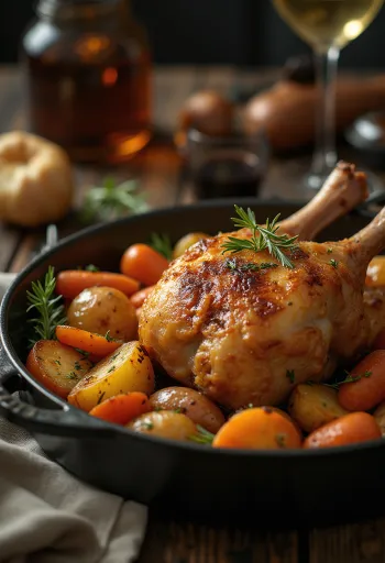Bebek panggang dengan kulit renyah dan sayuran panggang disajikan