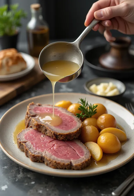 Tafelspitz disajikan dengan kentang dan lobak apel