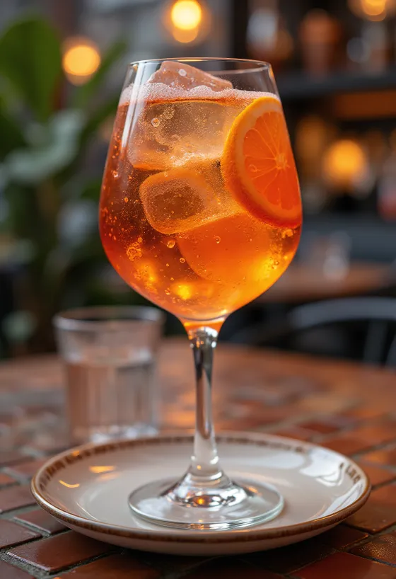 Aperol Spritz dihiasi dengan irisan jeruk dan es batu