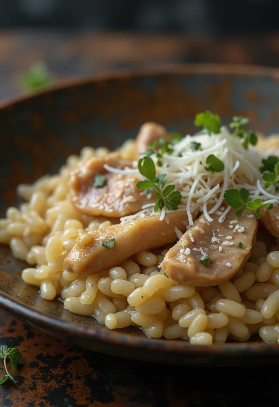 Risotto hati ayam disajikan dengan parmesan dan peterseli