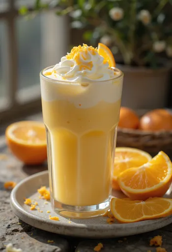 Frappe jeruk vanila dengan krim kocok dan kulit jeruk