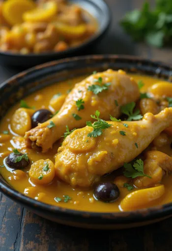 Ayam tagine dengan lemon asin disajikan dalam tagine tradisional