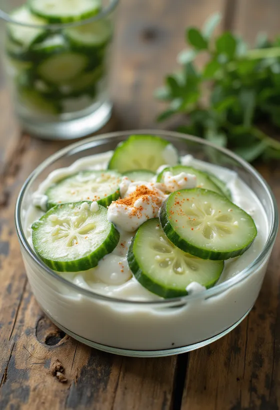 Salada timun krim asam segar dengan taburan bawang putih dan paprika merah, disajikan dalam mangkuk putih.