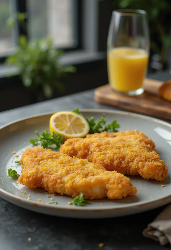 Wiener schnitzel renyah disajikan dengan lemon dan kentang peterseli