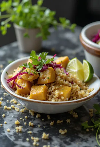 Tofu Jeruk Nipis Bit dengan Kari Quinoa disajikan
