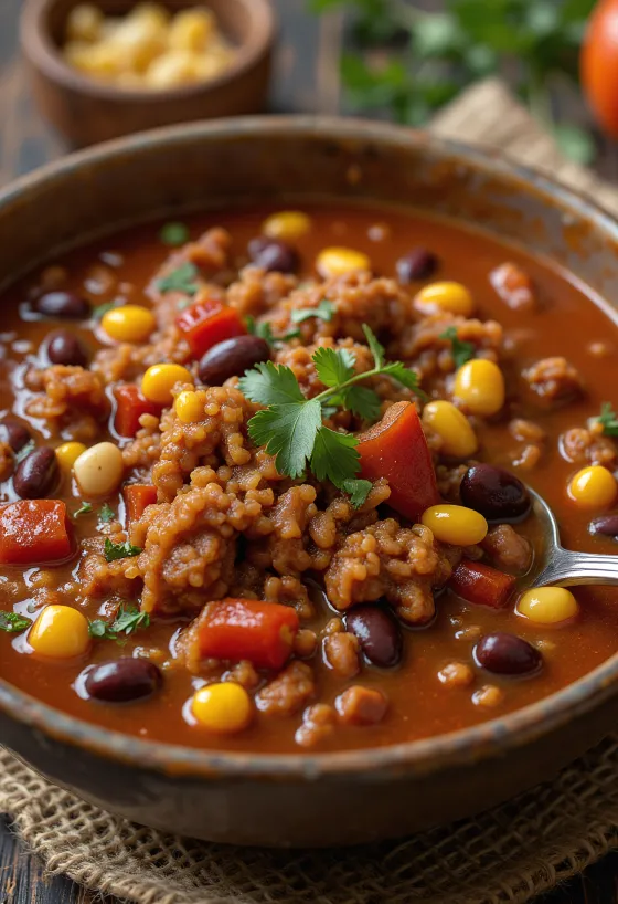 Mangkuk berisi chili con carne panas dengan hiasan keju dan daun ketumbar