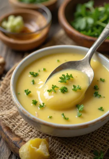 Saus mustard dill madu dalam mangkuk, disajikan dengan dill segar dan lemon.