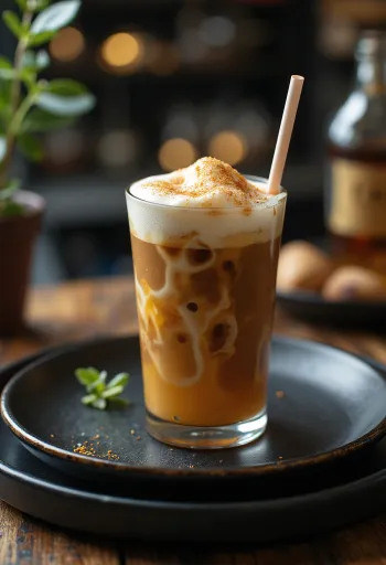 Frappe rum madu dengan hiasan krim kocok dan kayu manis