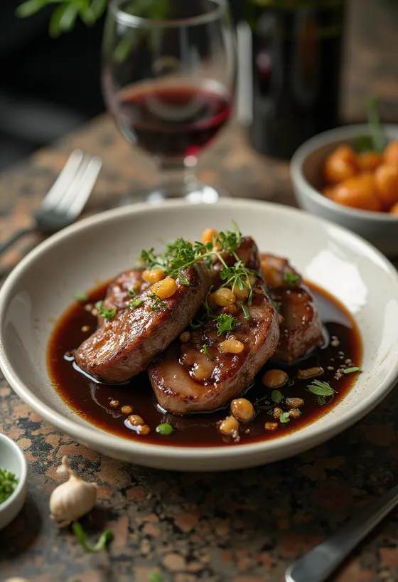 Daging sapi panggang saus rempah, disajikan dengan rosemary