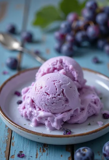 Es Krim Anggur disajikan dengan buah anggur segar