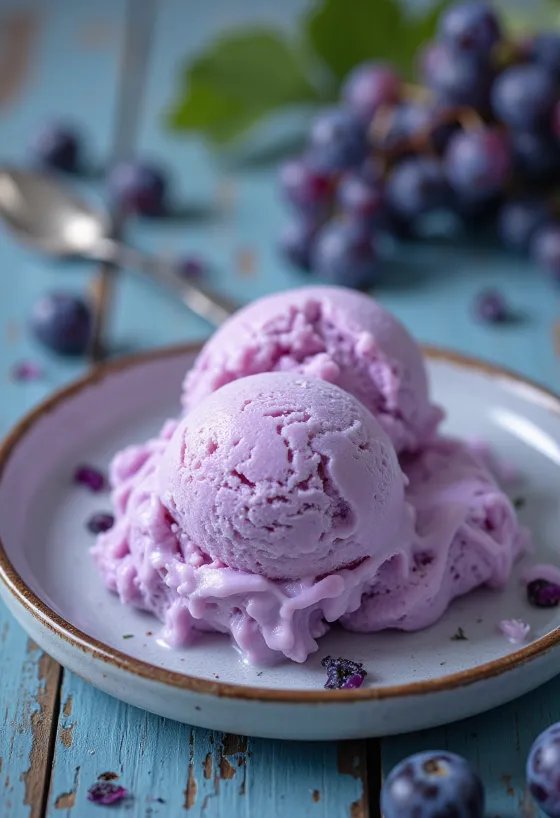 Es Krim Anggur disajikan dengan buah anggur segar