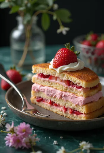 Kue isi krim stroberi dihiasi dengan stroberi segar