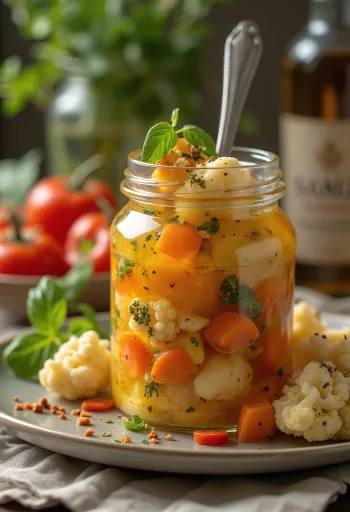 Campuran acar sayuran Italia berwarna-warni dalam toples