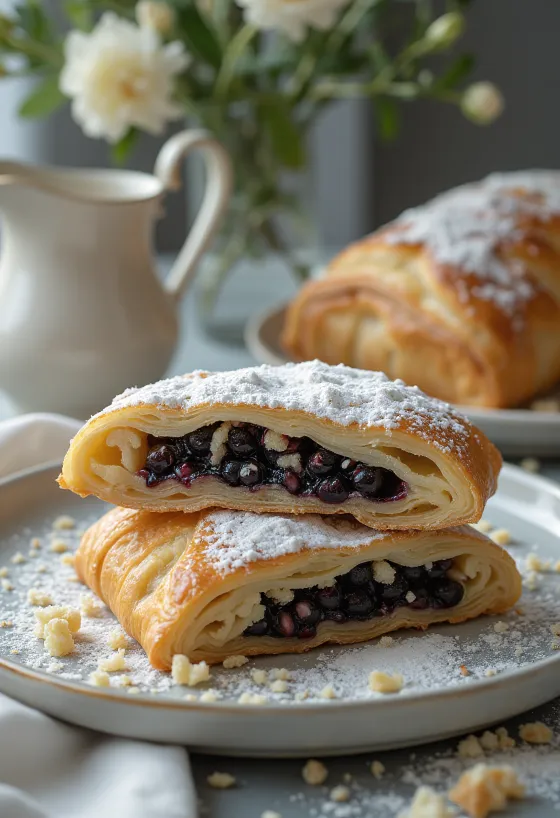 Strudel biji opium panggang segar dengan adonan renyah, dipotong-potong, ditaburi gula halus.