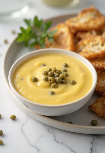 Saus kapari mustard madu dalam mangkuk, dihiasi dengan kapari dan peterseli segar.