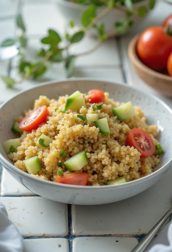 Salad Quinoa dengan Saus Tahini disajikan