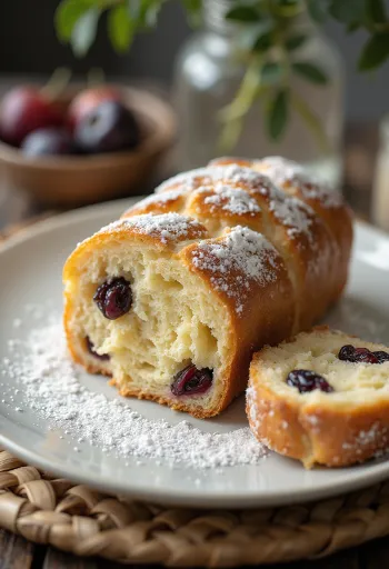 Stollen Plum Marzipan diiris, ditaburi gula halus, di permukaan rustik