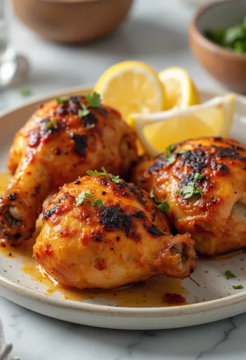 Ayam tandoori dipanggang dalam bumbu yogurt, disajikan dengan rempah segar