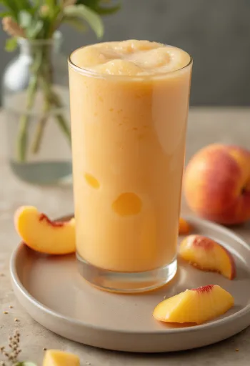 Smoothie persik menyegarkan dalam gelas dengan irisan pisang