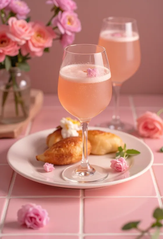 Koktail Bellini dihiasi dengan pure persik segar dan prosecco