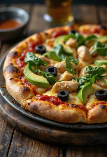 California Pizza dengan alpukat segar, dada ayam, dan bayam