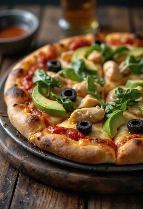 California Pizza dengan alpukat segar, dada ayam, dan bayam