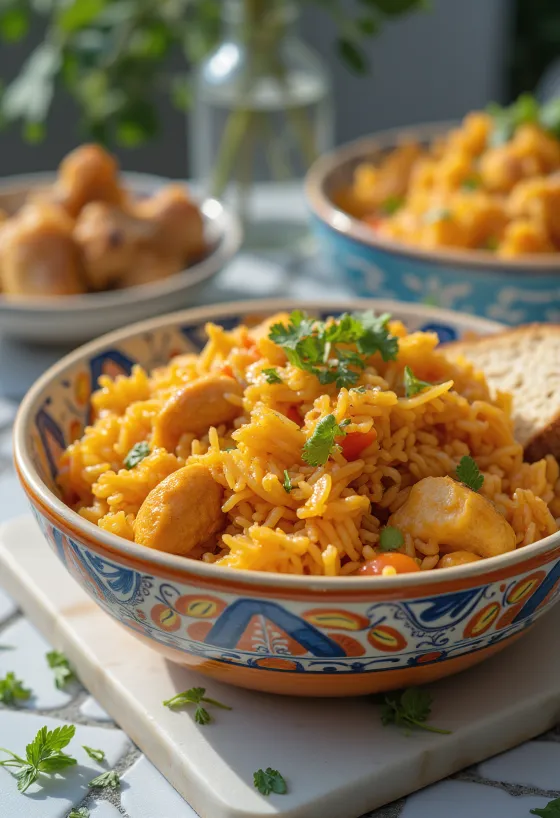 Nasi Jollof disajikan dengan ayam