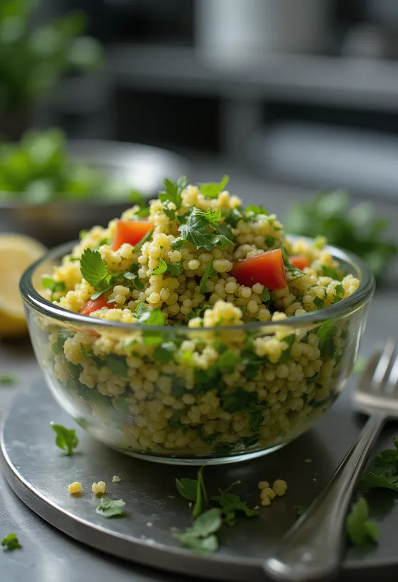 Tabbouleh Quinoa dengan rempah segar disajikan