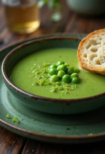 Sup krim bayam kacang polong dalam mangkuk