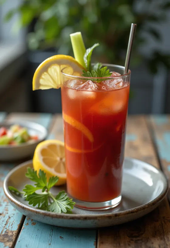 Koktail Bloody Mary dihiasi dengan batang seledri dan irisan lemon