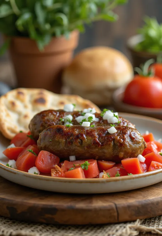 Cevapi dengan tomat, baru dipanggang dan berwarna cokelat keemasan, disajikan di atas roti pita