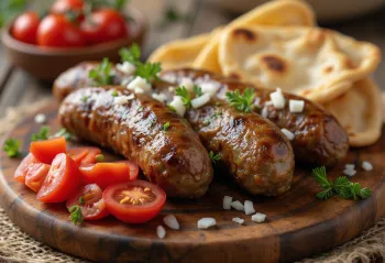 Cevapi dengan tomat, baru dipanggang dan berwarna cokelat keemasan, disajikan di atas roti pita