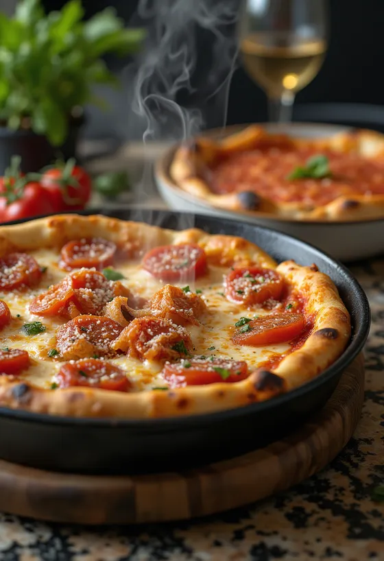 Chicago Deep-Dish Pizza dengan banyak keju dan saus tomat