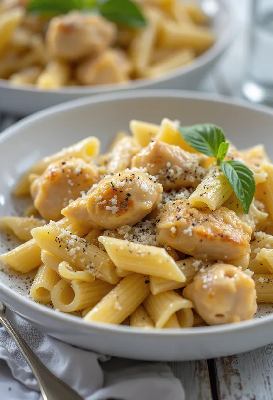 Pasta ayam dengan saus krimi dan taburan rempah hijau segar