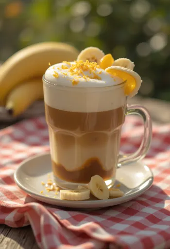 Latte pisang jeruk dengan hiasan kulit jeruk
