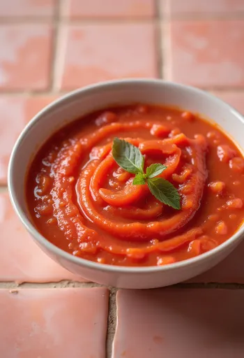 Saus tomat paprika merah cerah dalam mangkuk