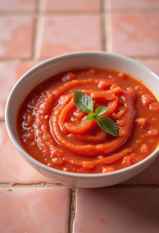 Saus tomat paprika merah cerah dalam mangkuk