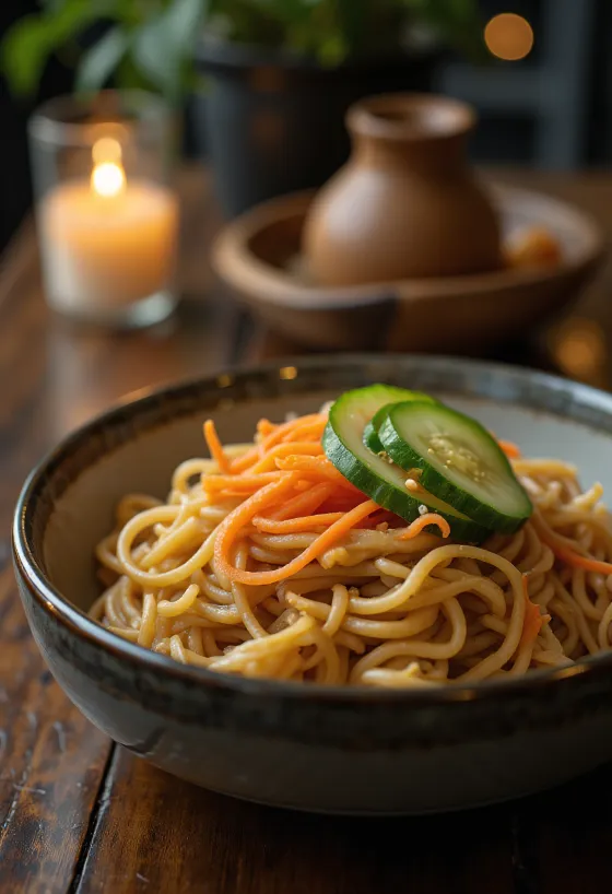 Mie beras disajikan dengan saus kacang
