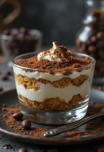Tiramisu klasik, dengan lapisan ladyfinger dan taburan bubuk kakao