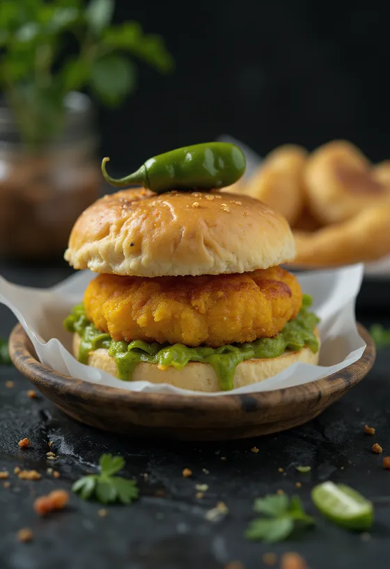 Vada pav isi daging disajikan