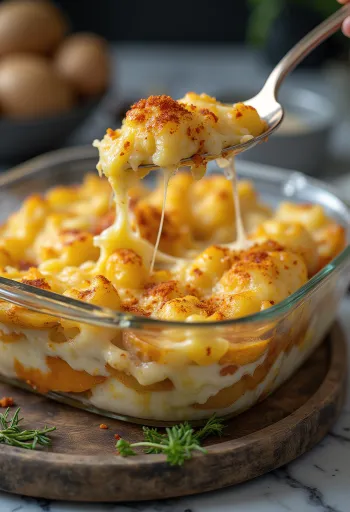 Kaserol kentang vegan berlapis disajikan dalam loyang