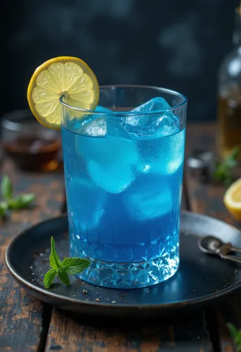 Koktail Blue Lagoon dihiasi dengan irisan lemon dan ceri koktail