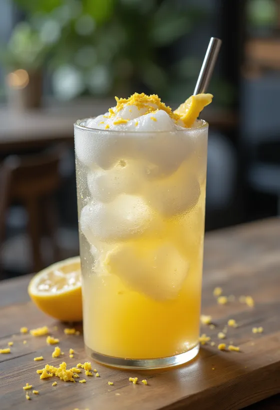 Frappe jahe lemon dengan hiasan irisan lemon