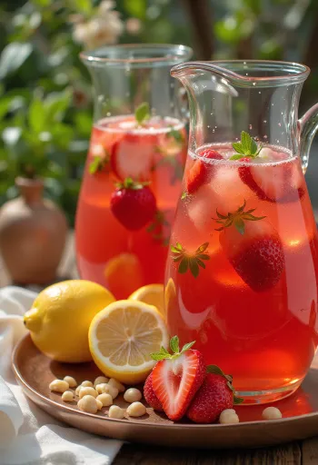 Limun stroberi merah cerah disajikan dalam gelas dengan es