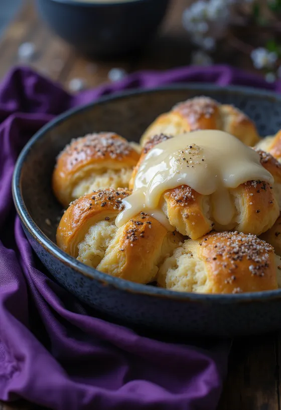 Mákos guba ditaburi gula halus, disajikan dengan puding vanila