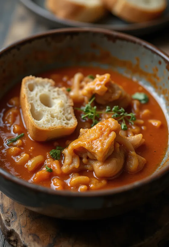 Stew babat sapi dengan kuah kental berempah, disajikan dengan roti segar