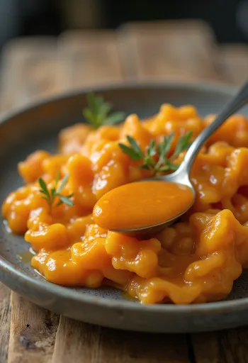 Saus mentega kemerahan yang berkilau disiramkan di atas daging