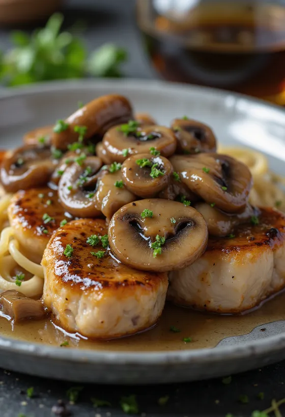 Veal scallopini Marsala disajikan dengan jamur dan peterseli segar