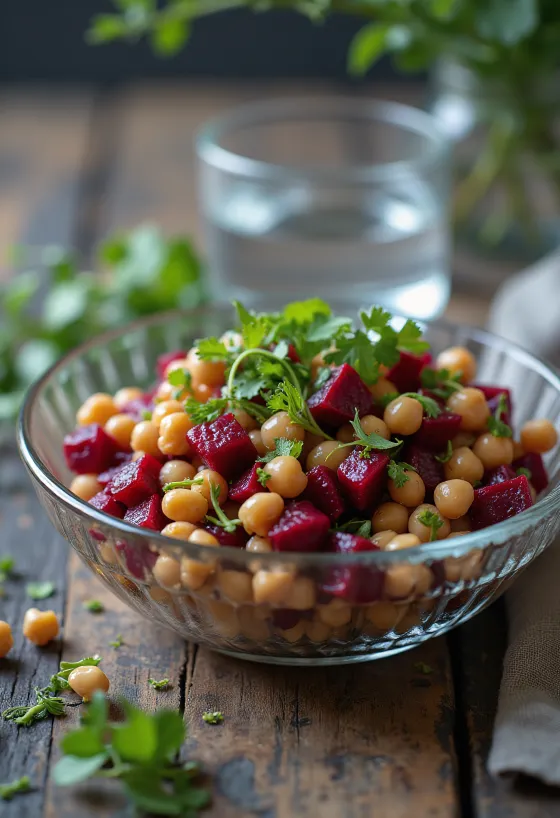 Salad bit dan kacang arab, disajikan dengan arugula segar dan walnut panggang.
