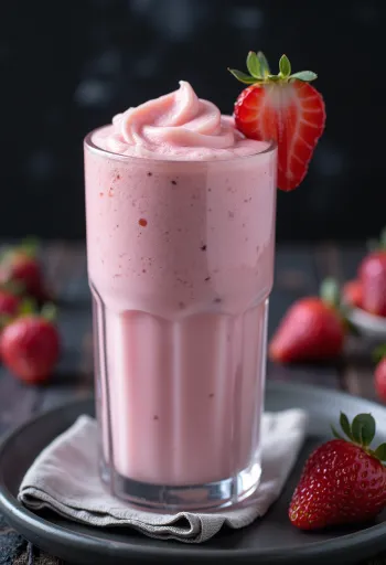 Milkshake stroberi kental disajikan dalam gelas kaca